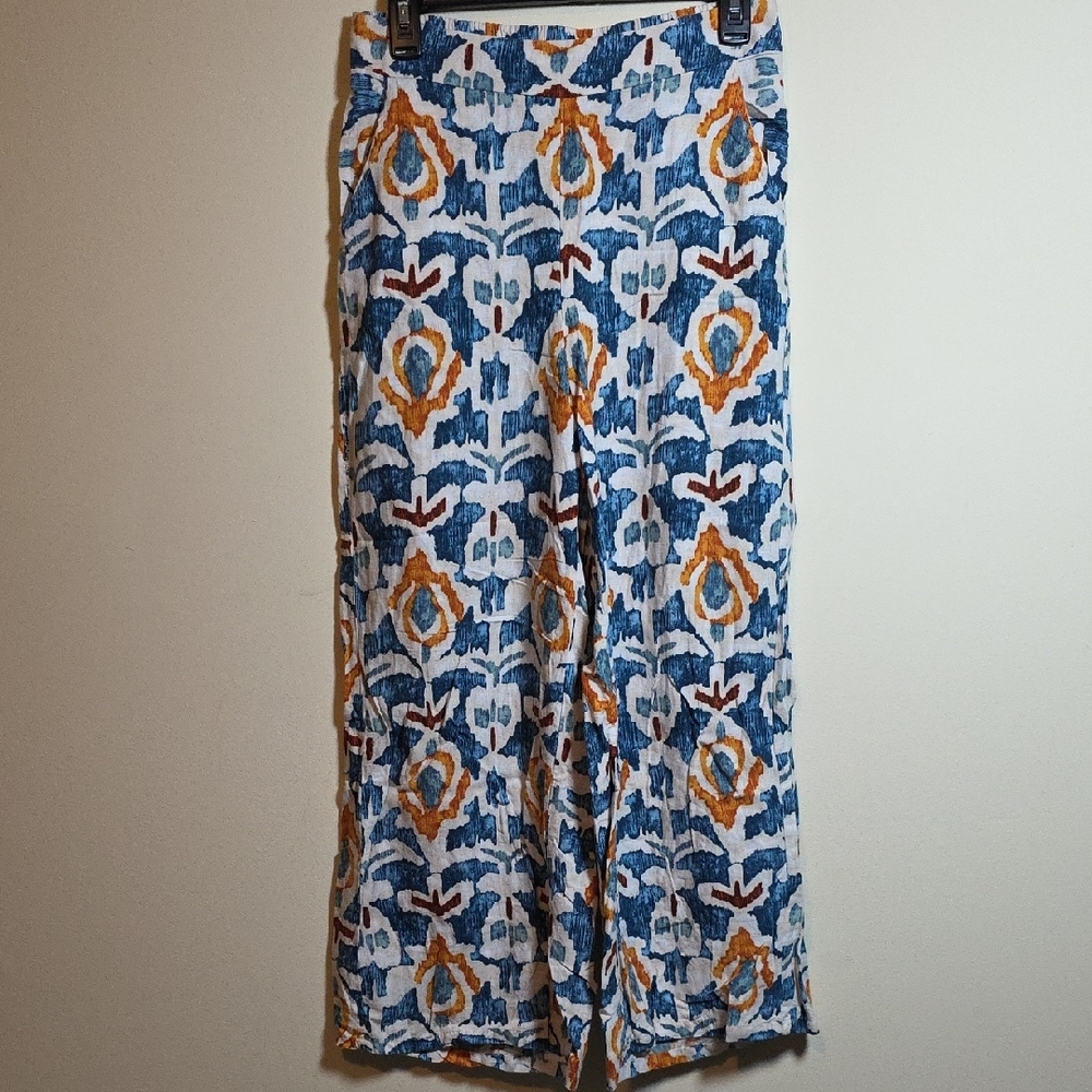 Christian Siriano Blue and Orange Wide  Leg,Linen Blend Pants. Size Small Ankle